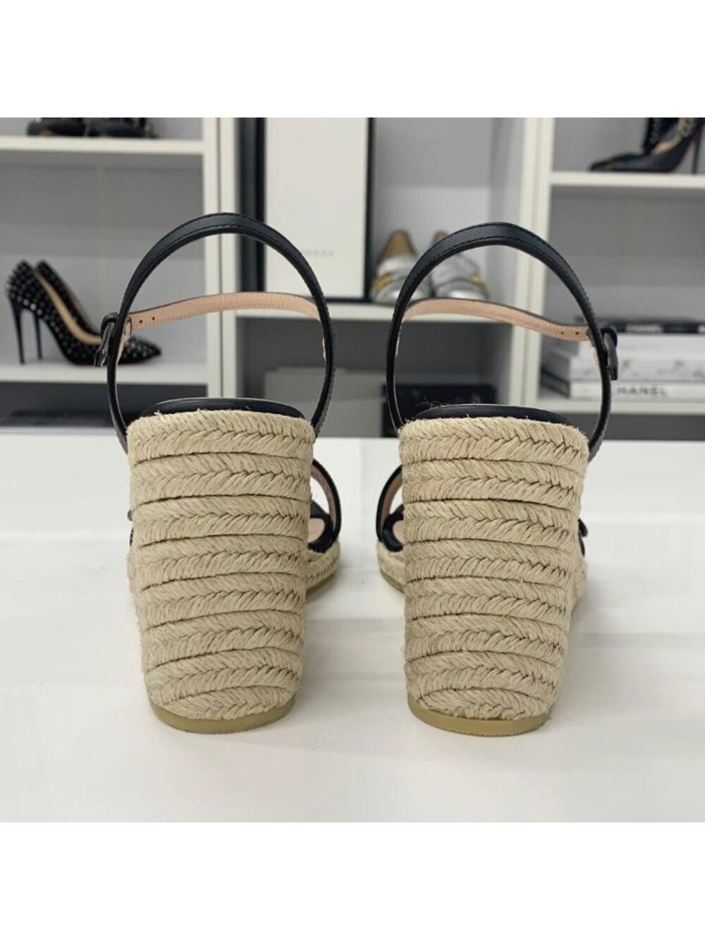 Gucci Leather Double G Wedge Sole Espadrille Sandals Black - Picture 7 of 11